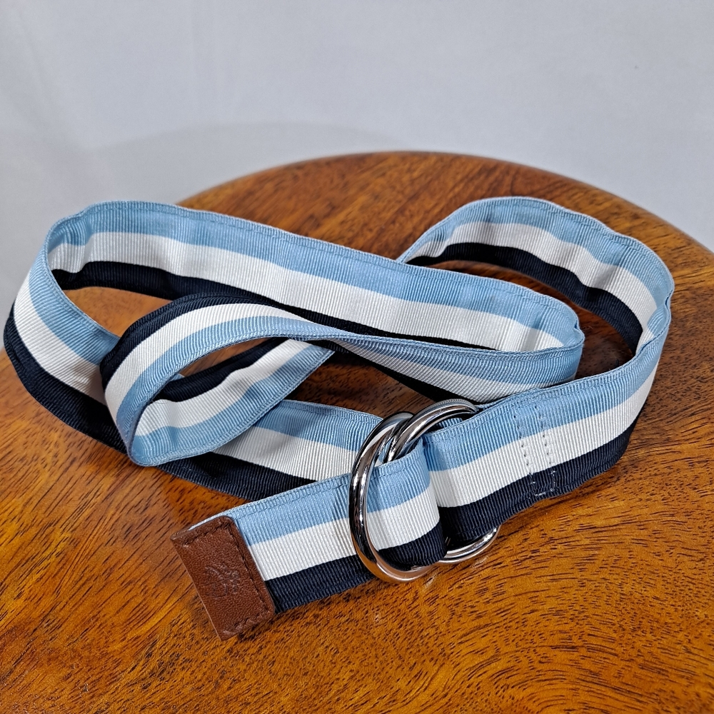 Brooks Brothers Blue Striped Fabric Double D Ring Belt